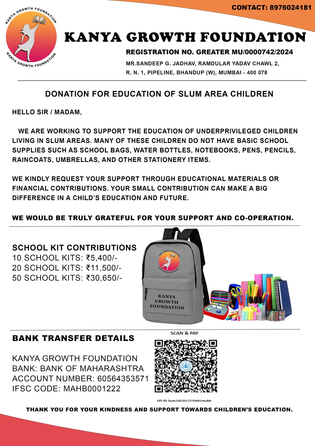 School bag and stationery kit support items